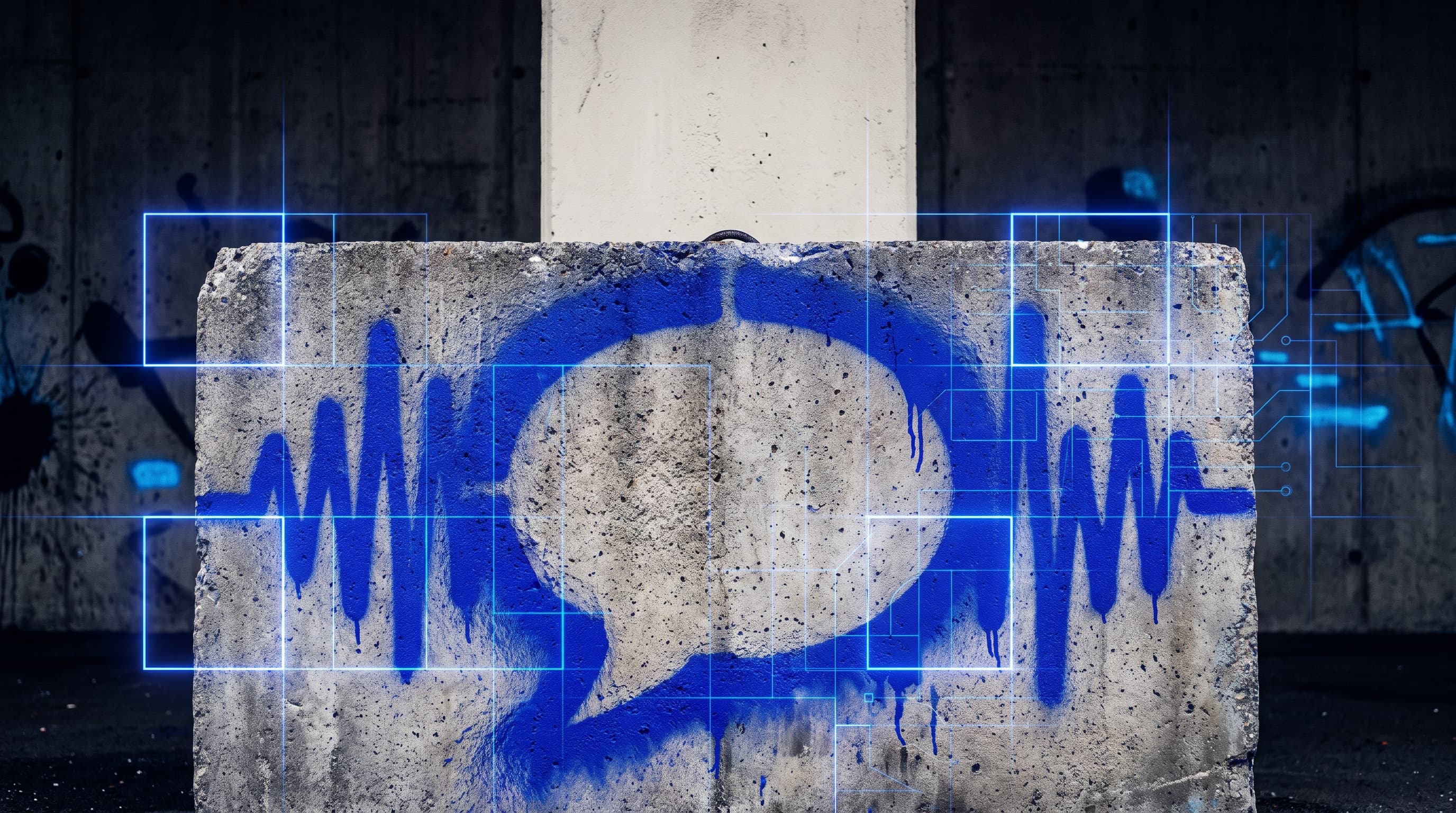 Muro de concreto com bolha de fala azul elétrico