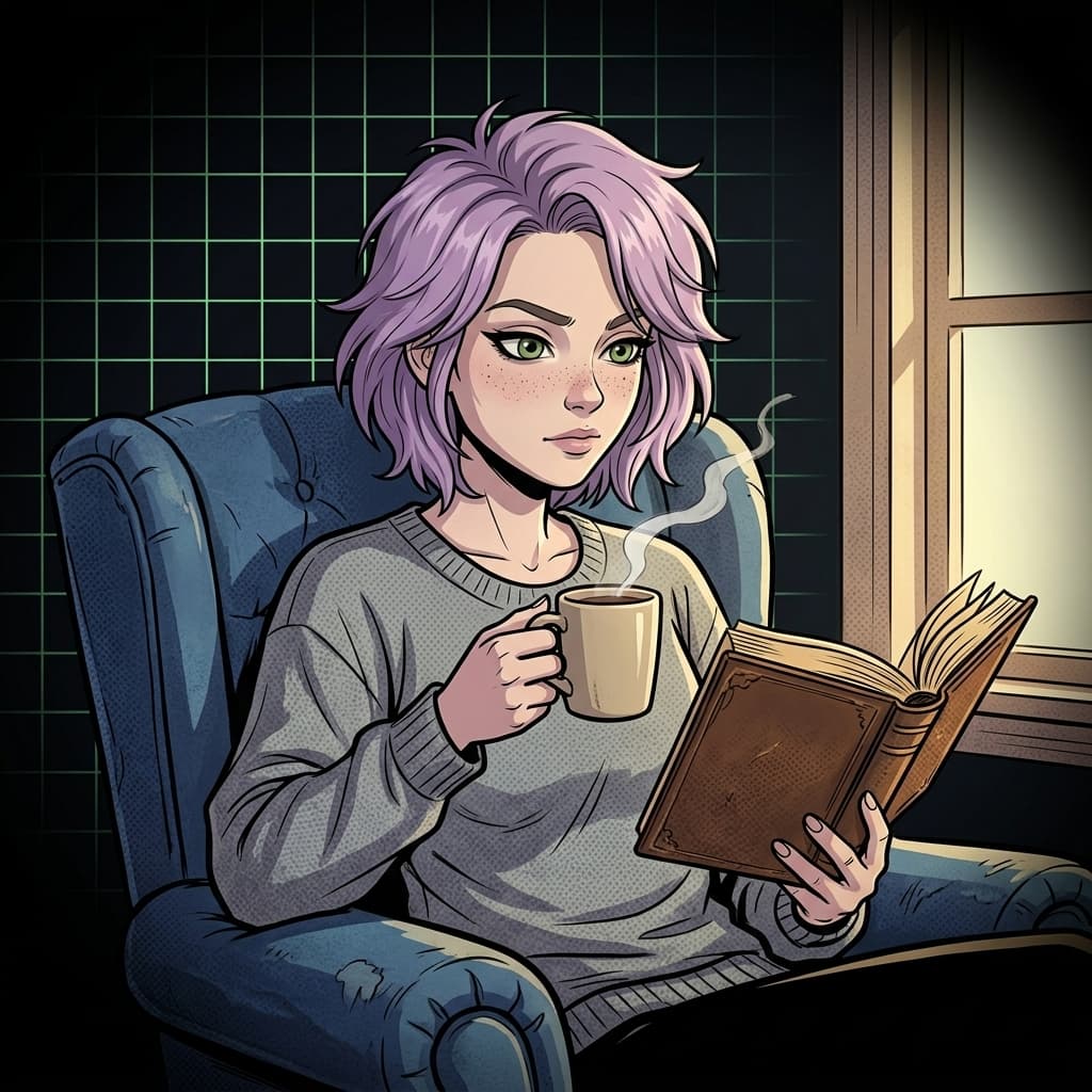 Arte IA: Helen Ailith, ilustração editorial de mulher com cabelo lavanda