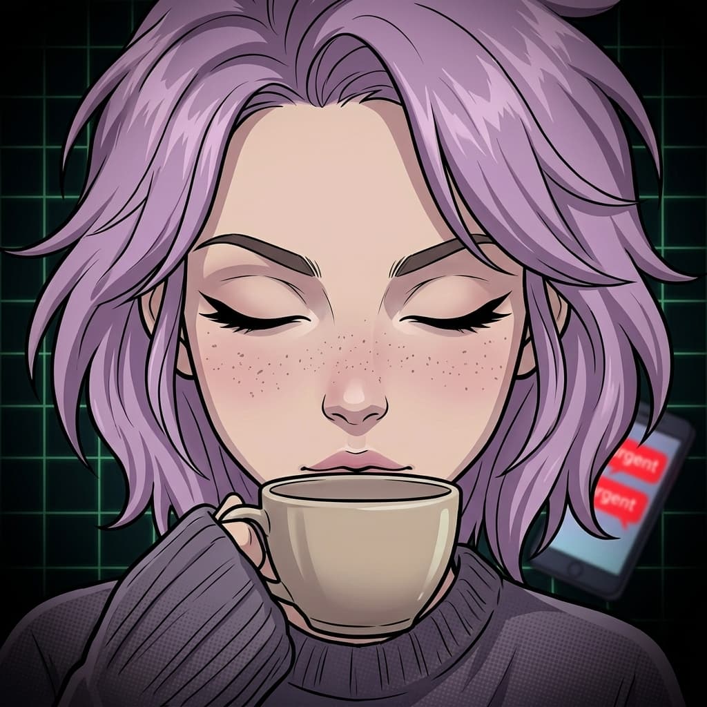 Ilustração editorial de Helen Ailith, mulher com cabelo lavanda