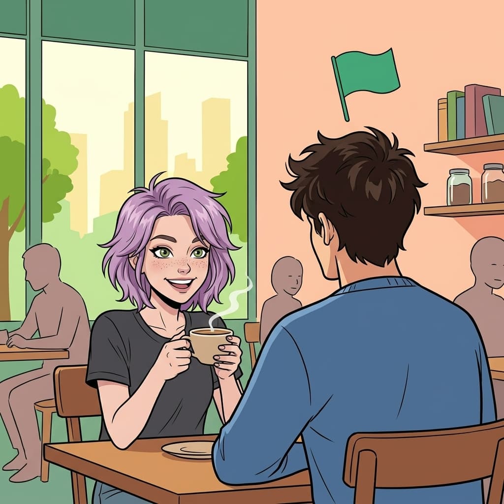 Arte com IA: Encontro no café, bandeira flutuante verde