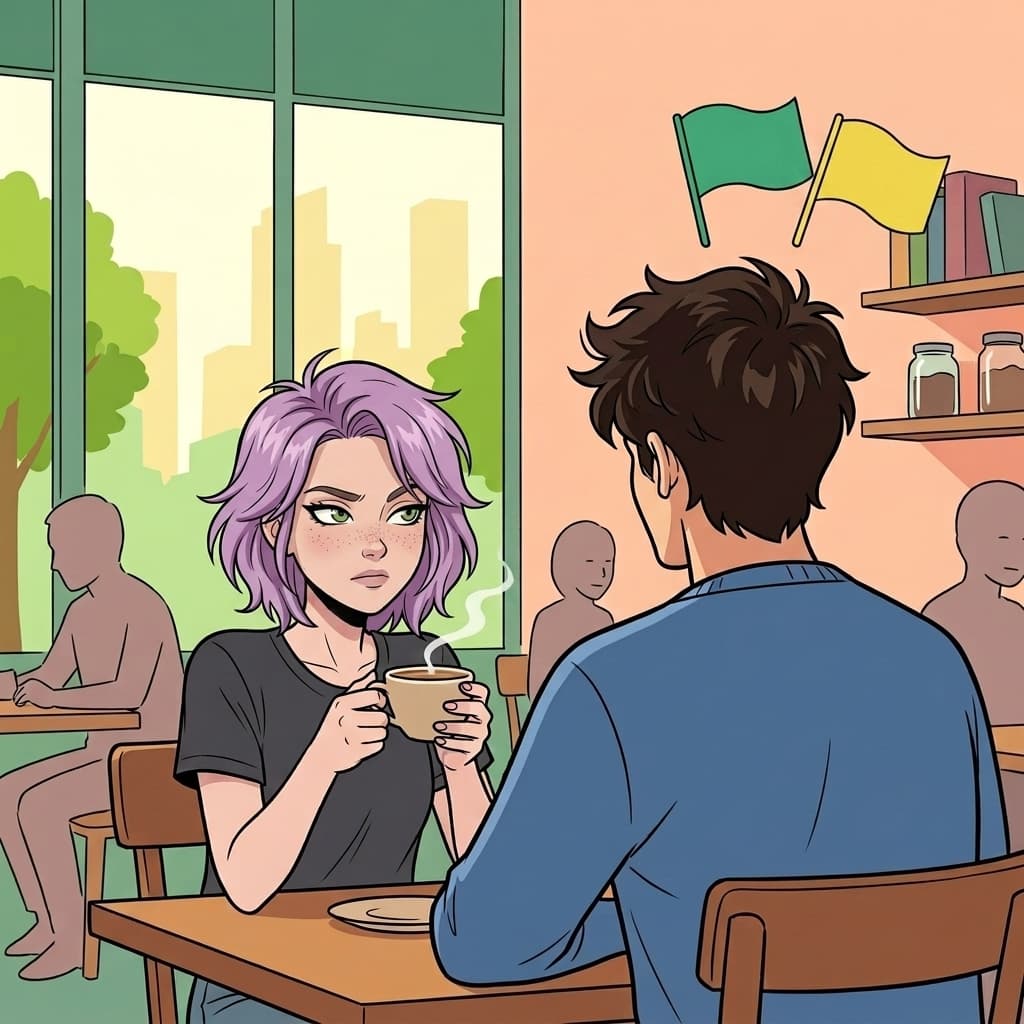 Arte com IA: Mulher em café, bandeiras verde e amarela