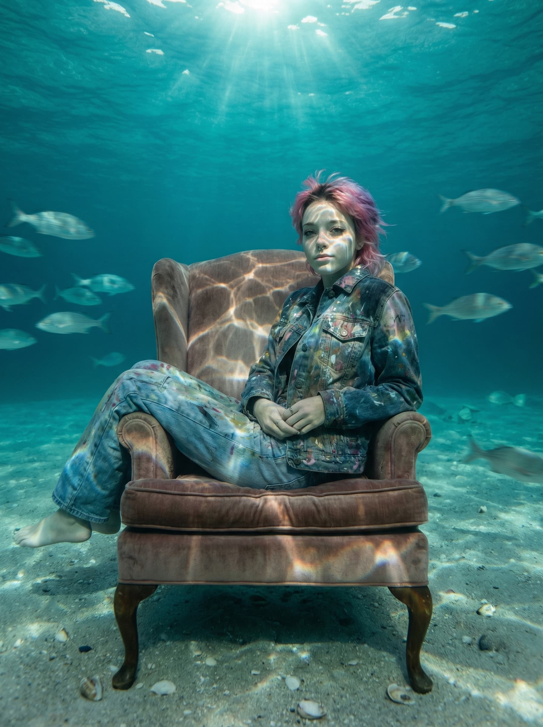 A surreal, dreamlike photograph of [character] sitting comfo