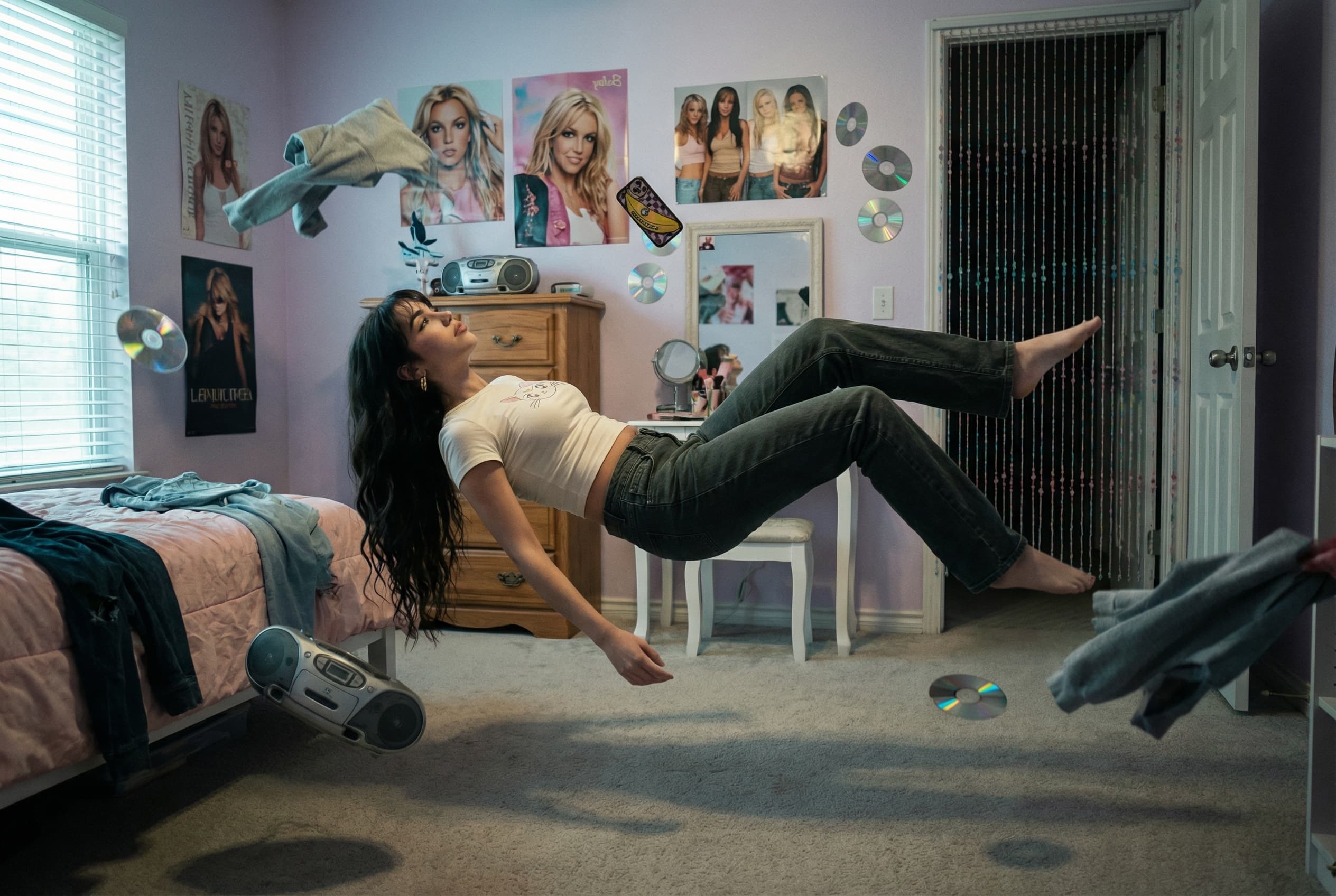 A gravity-defying photograph of [character] floating suspend