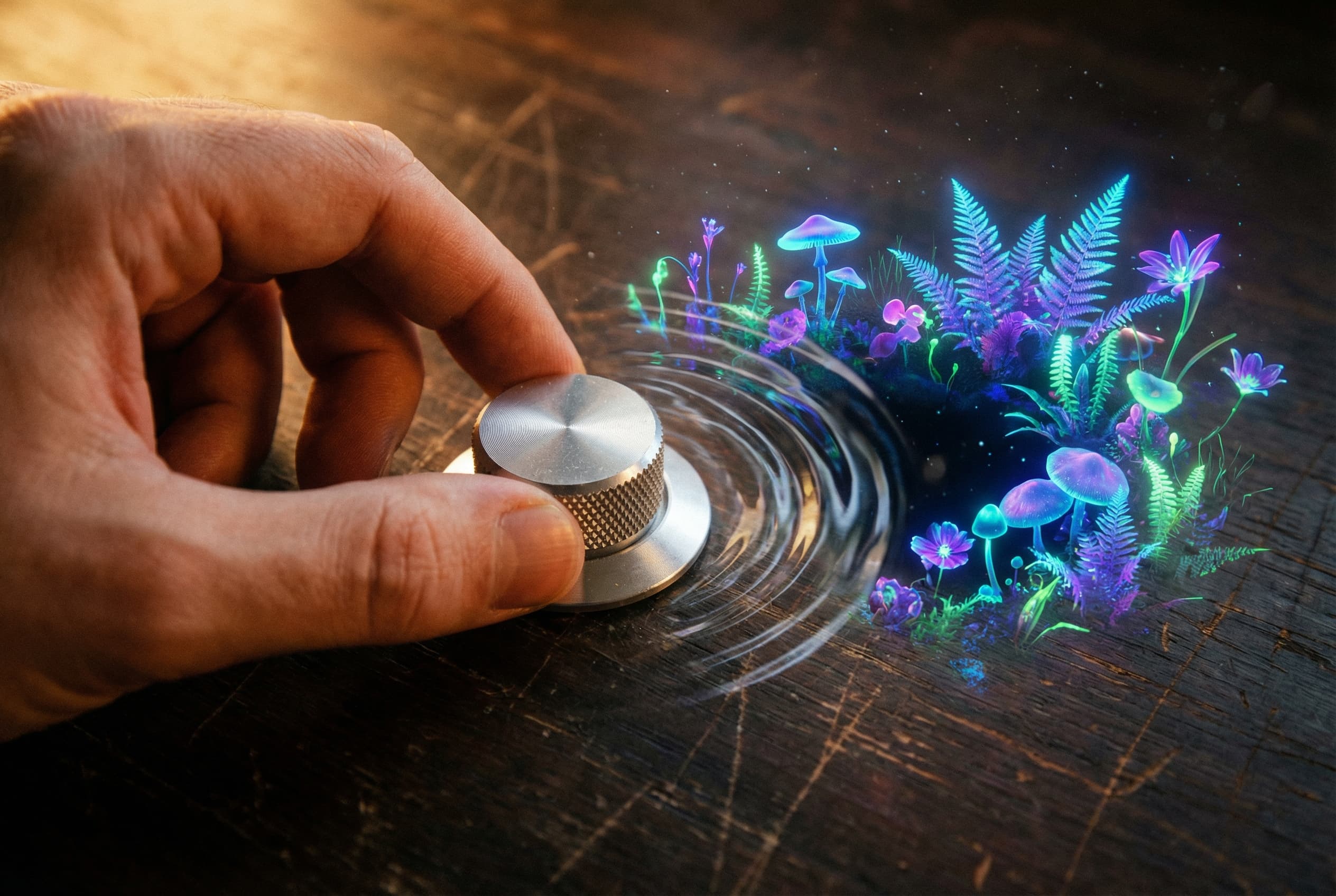 Cinematic macro shot of a hand adjusting a physical aluminum