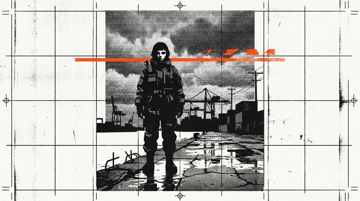 Cenário Cyberpunk: Garota no Porto de Chiba com Céu Estático