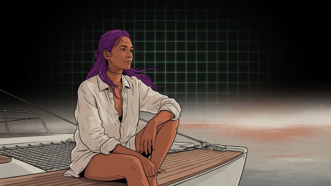 Arte IA: Helen Ailith no catamarã ao amanhecer