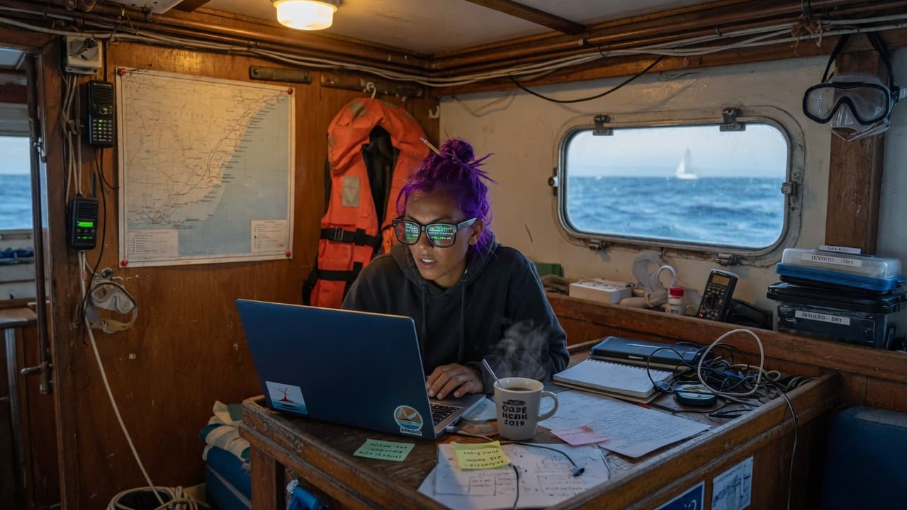 Arte IA: Programadora Helen Ailith em cabine de catamarã