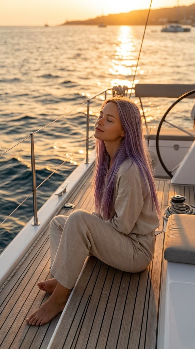 Mulher de cabelo violeta em catamarã, pôr do sol dourado