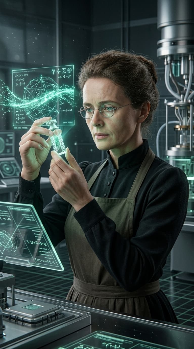 Marie Curie futurista, arte IA em laboratório de alta tecnologia