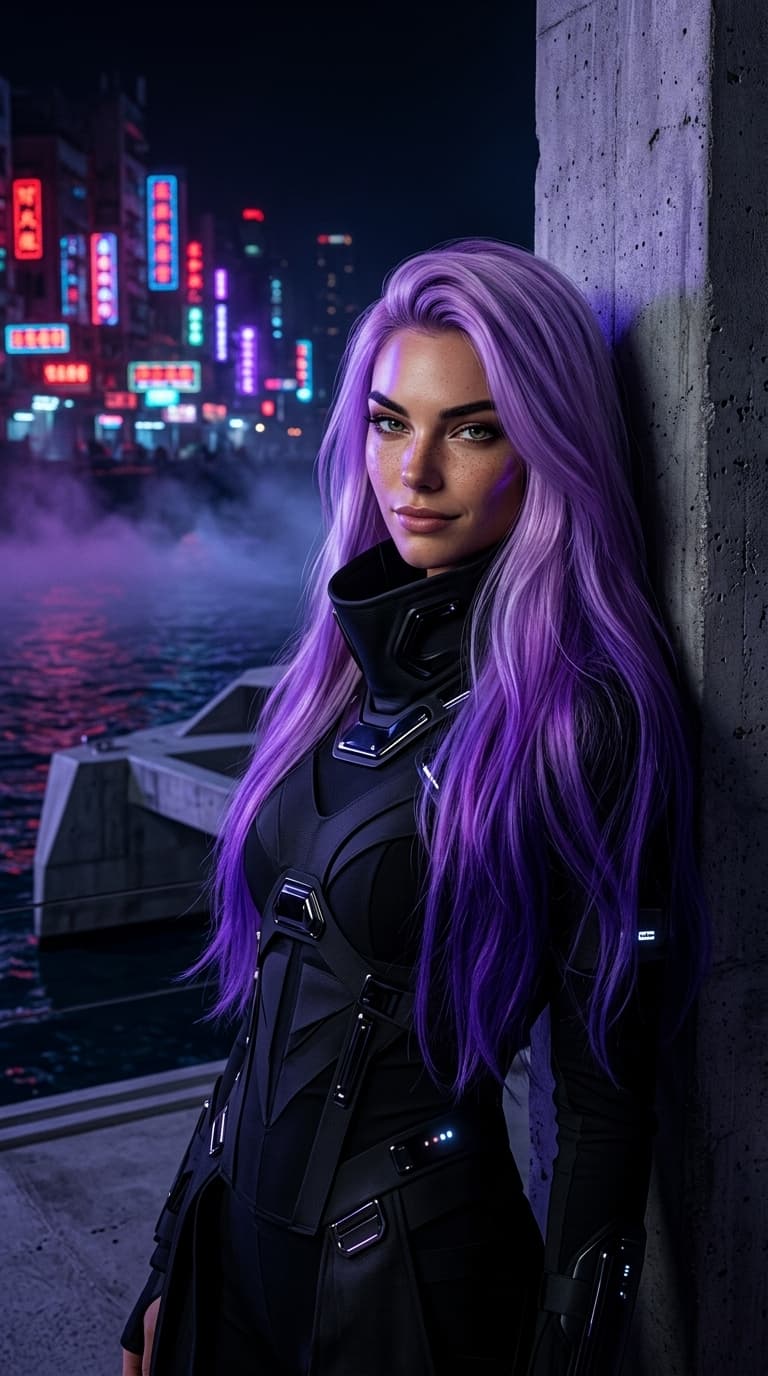 Arte IA: Retrato tech-noir de Helen Ailith com cabelo roxo