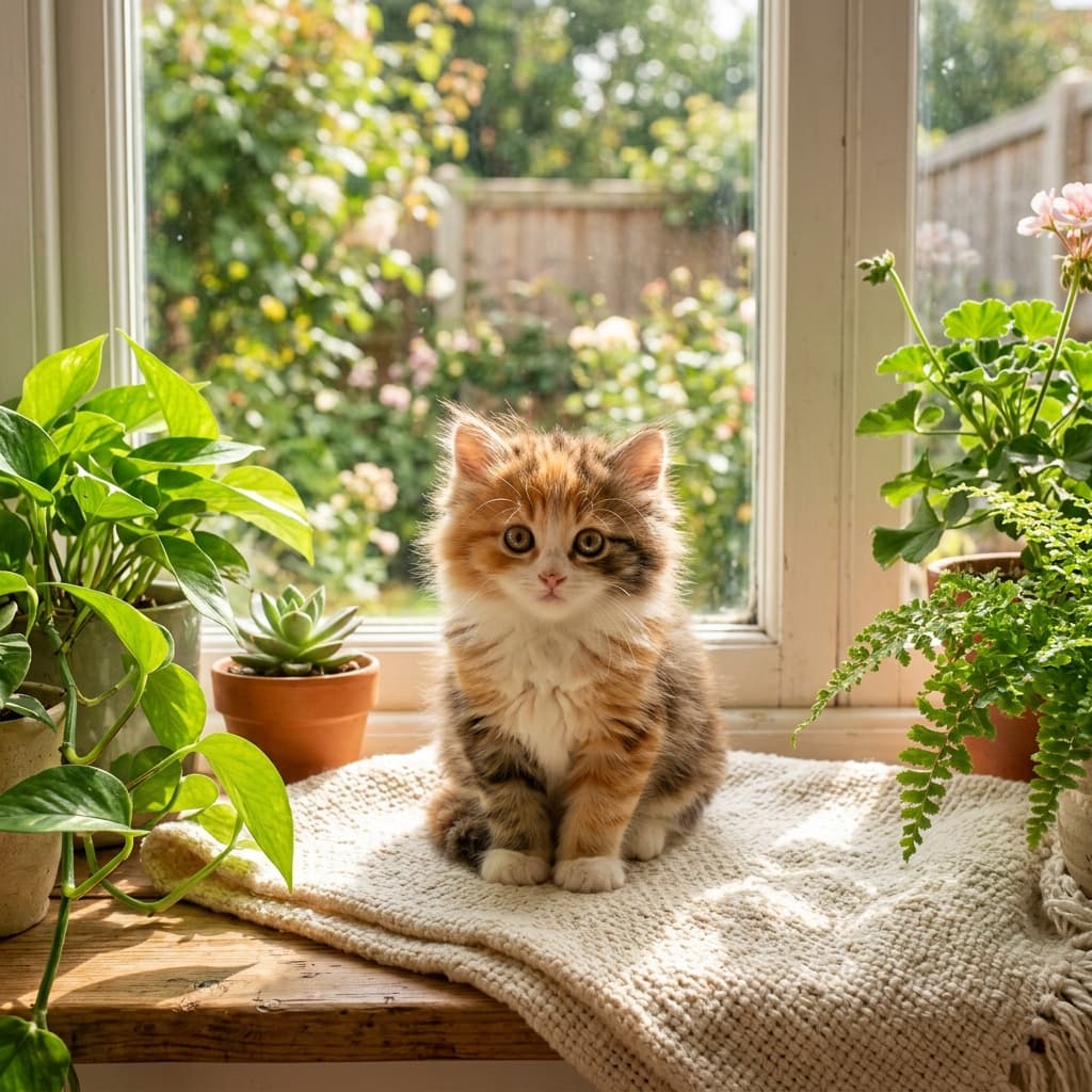 Gatinho fofo na janela ensolarada, arte IA realista