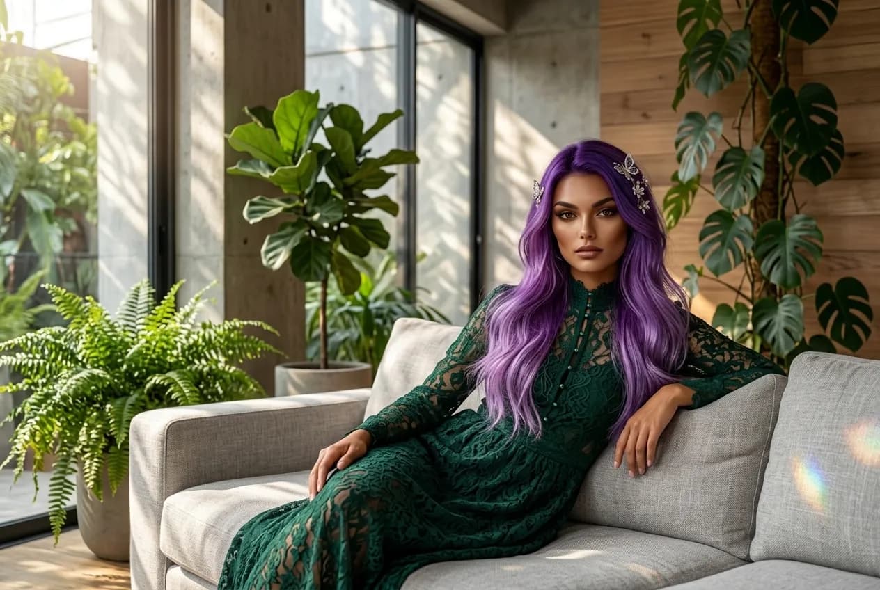 Mulher de cabelo roxo em loft moderno com plantas