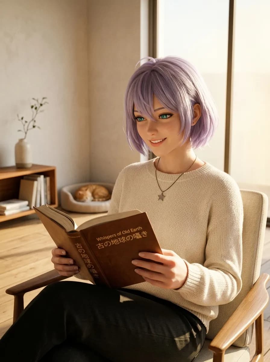 Mulher lendo livro em apartamento minimalista iluminado