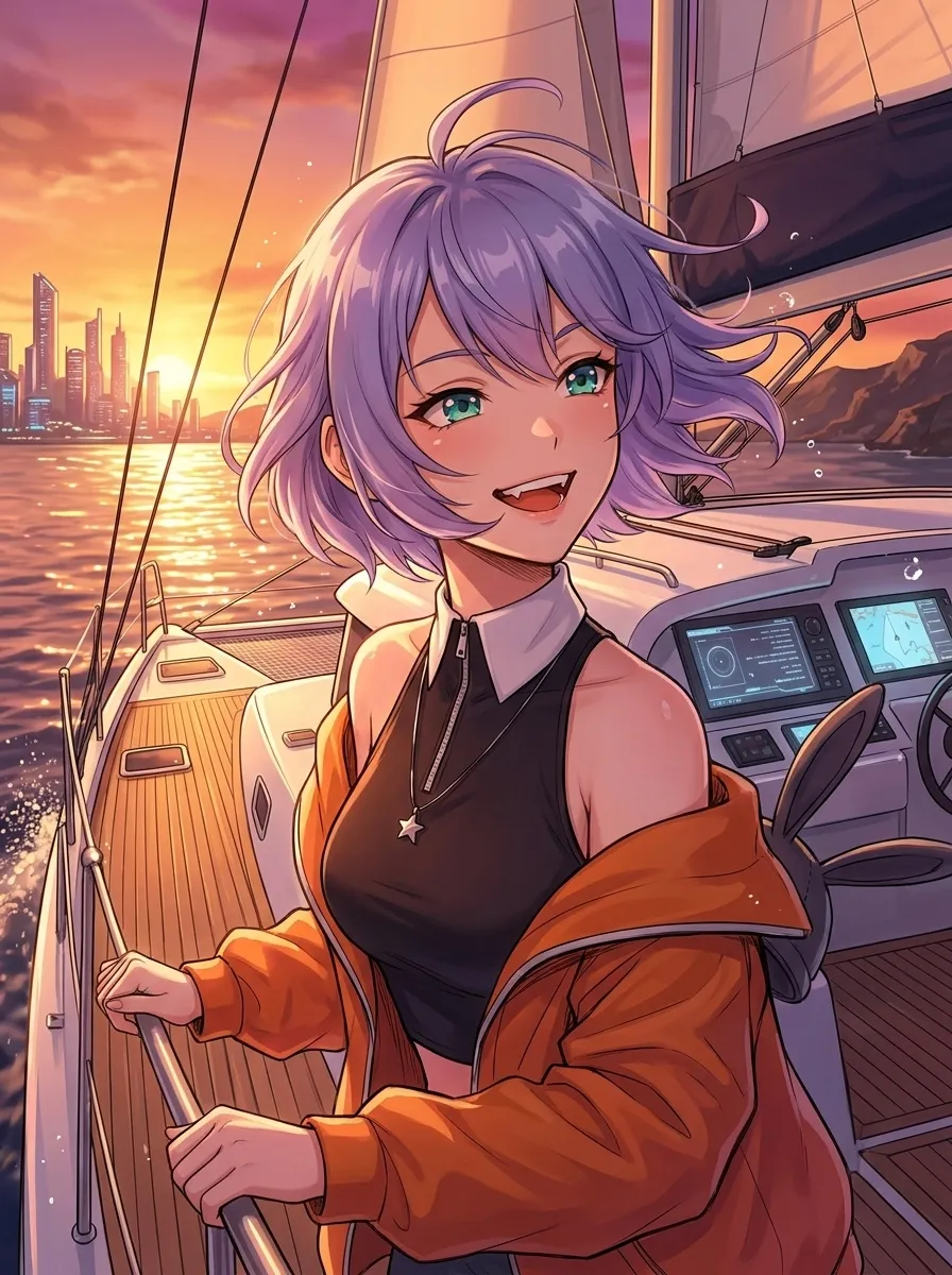 Retrato feminino em catamarã durante o pôr do sol
