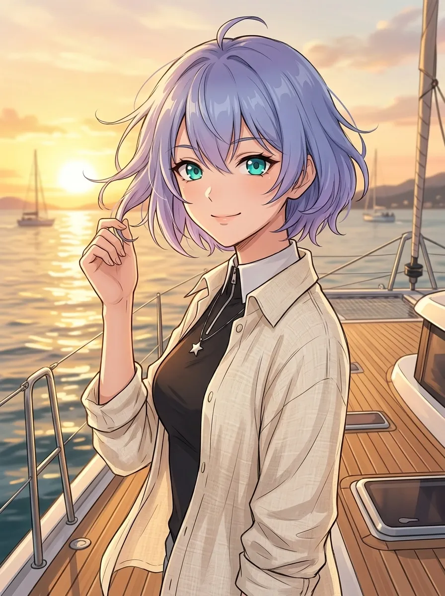 Mulher no convés de catamarã ao pôr do sol