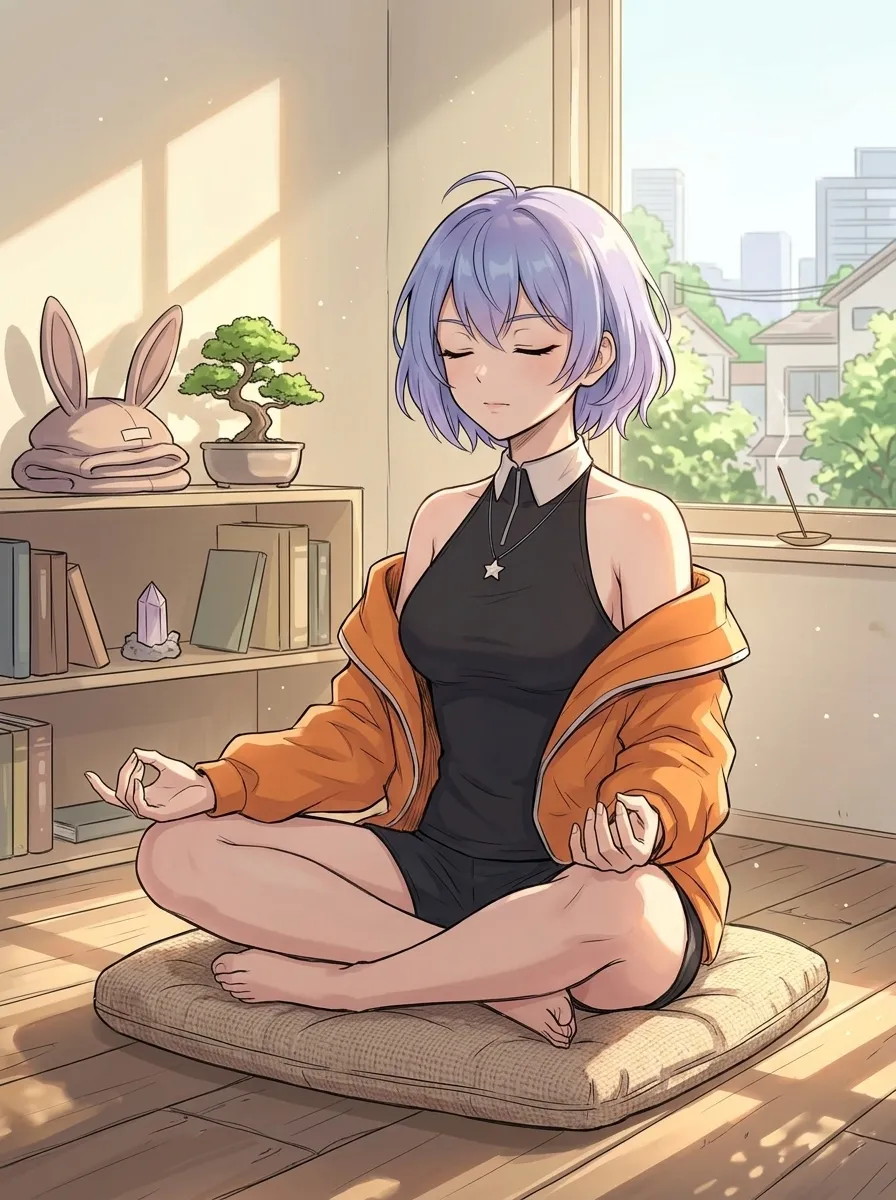 Mulher meditando em canto ensolarado do apartamento