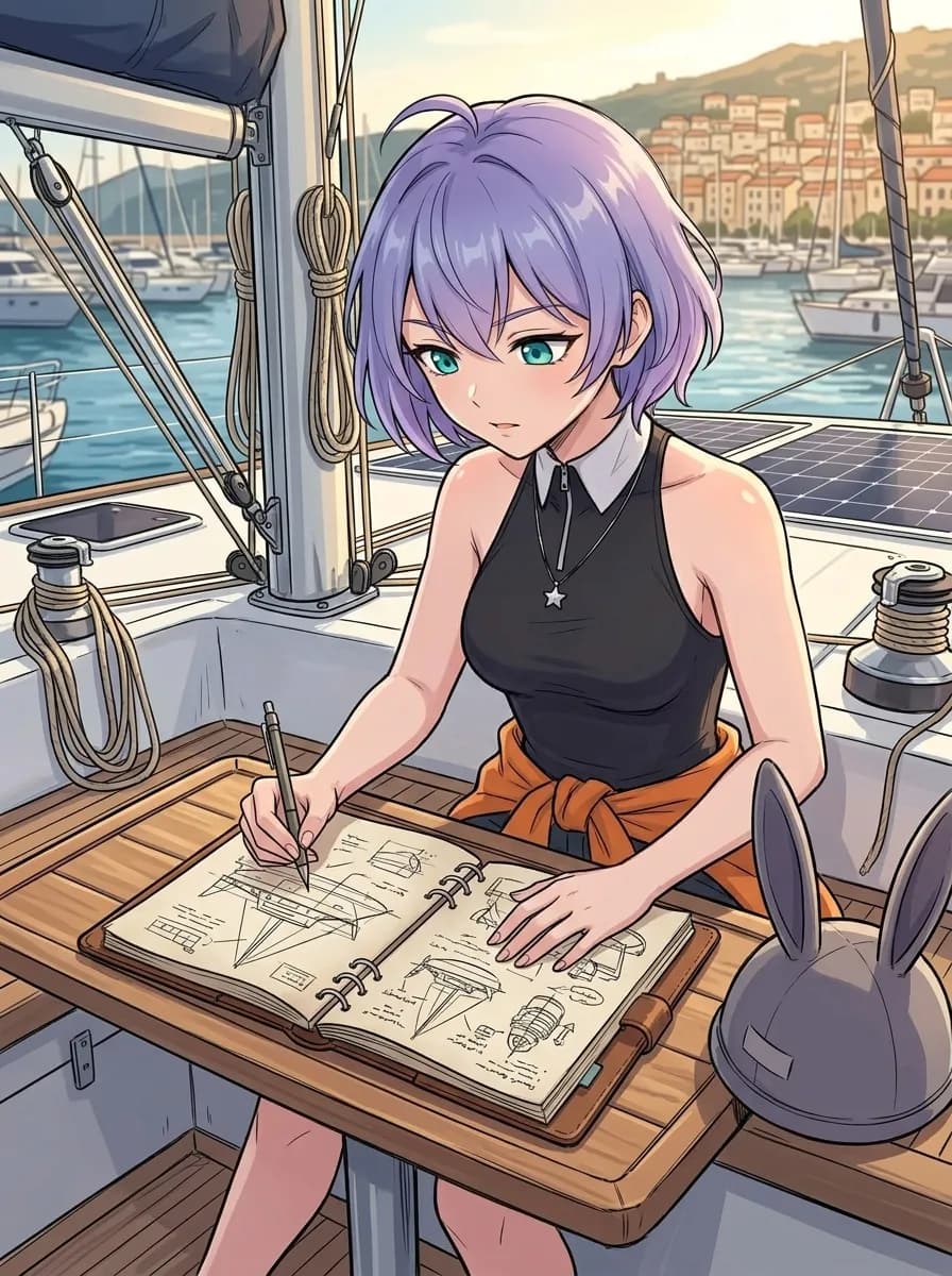 Mulher desenhando em caderno a bordo de um catamarã