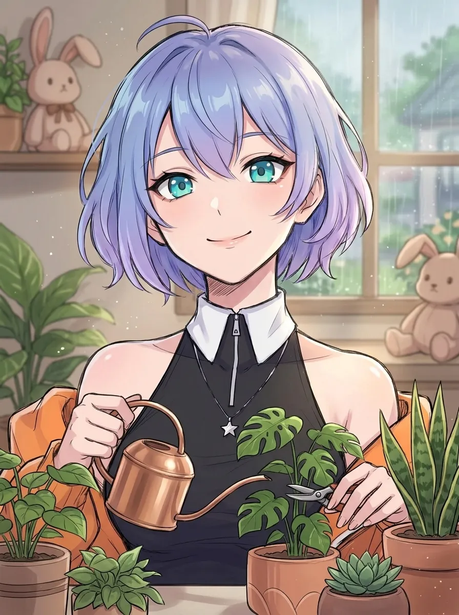 Arte digital de mulher cuidando de plantas em casa