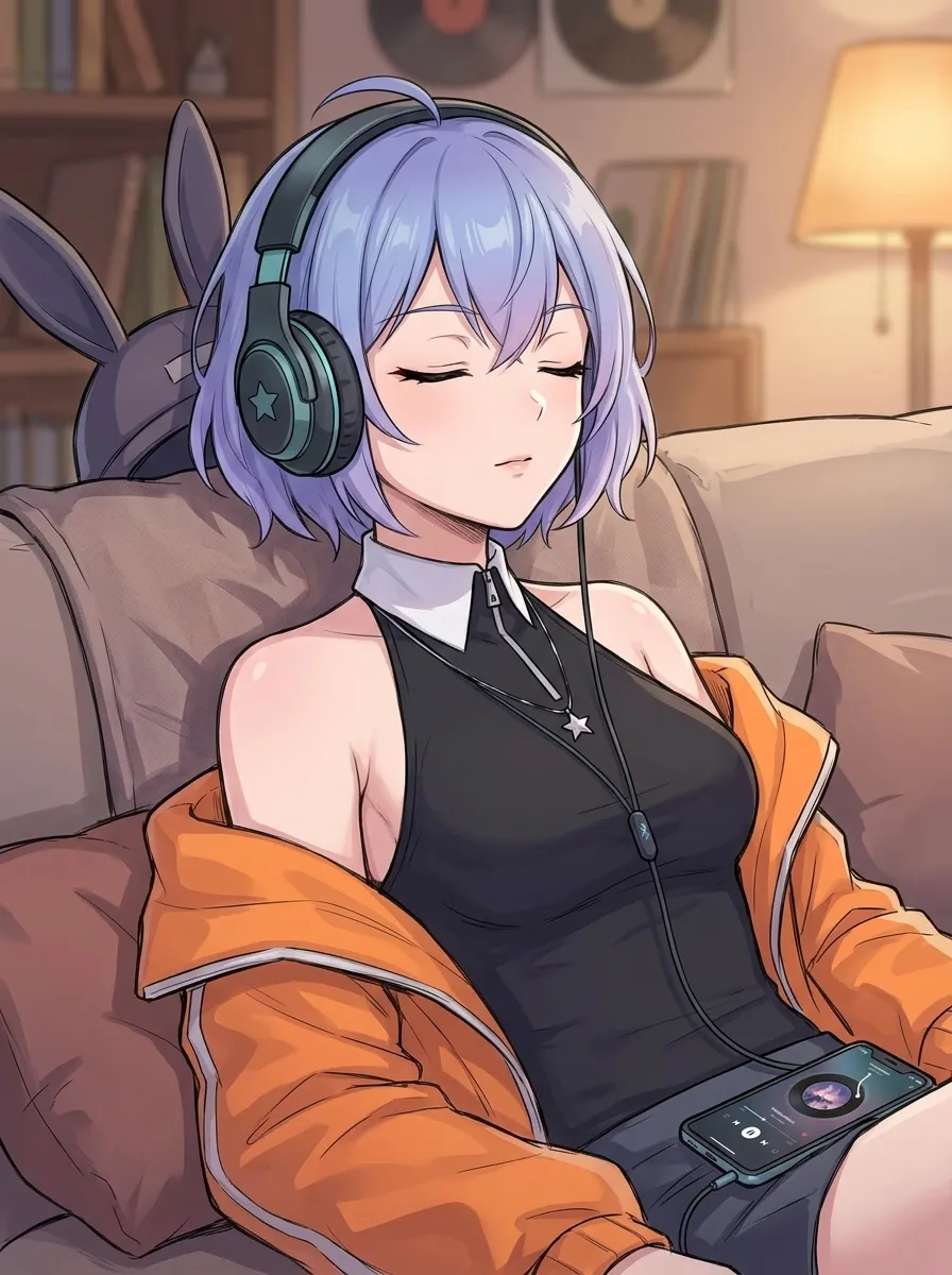 Mulher relaxando no sofá ouvindo música com fones