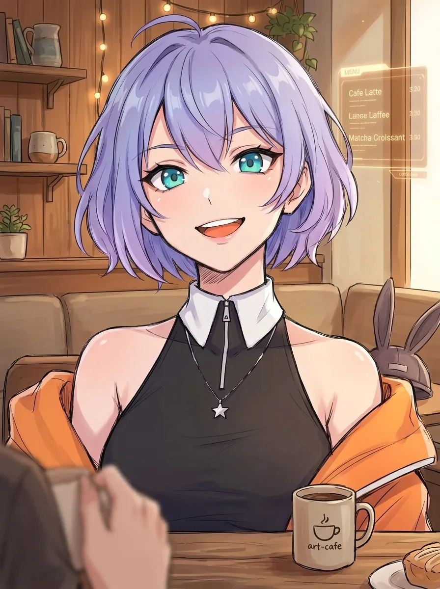 Retrato de mulher sorrindo em cafeteria aconchegante