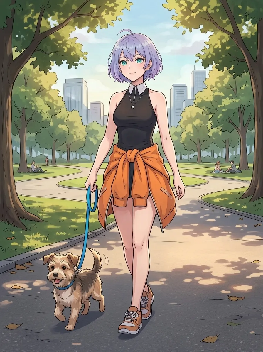 Mulher passeando com cachorro no parque da cidade