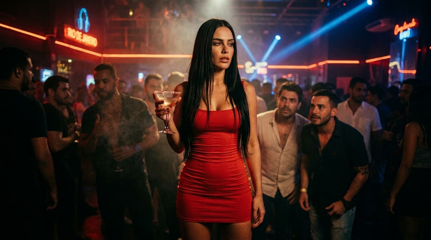 Arte IA: Ágata em noite dramática de boate carioca
