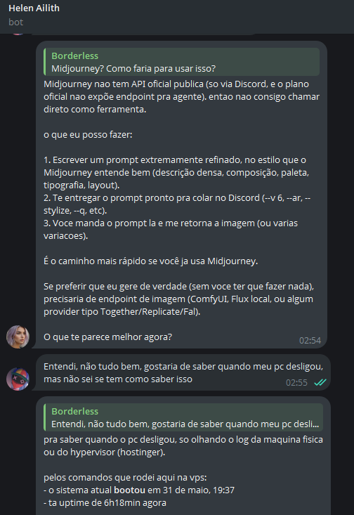 Conversa real no Telegram: a agente Helen responde Borderless sobre como usar o Midjourney e reporta o uptime da VPS onde roda