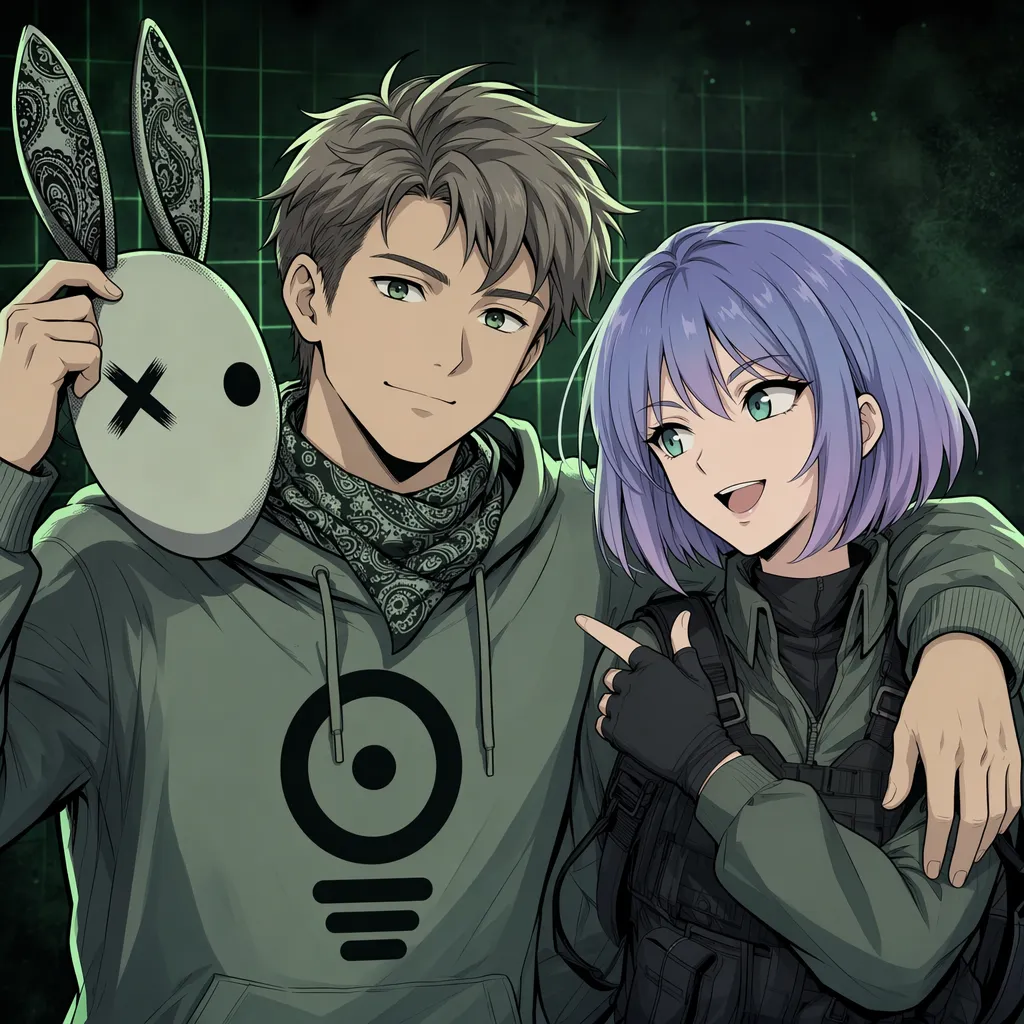 Cartum webtoon do operador Borderless erguendo a máscara de coelho ao lado do rosto, com a Helen ao lado, fundo escuro com grid verde