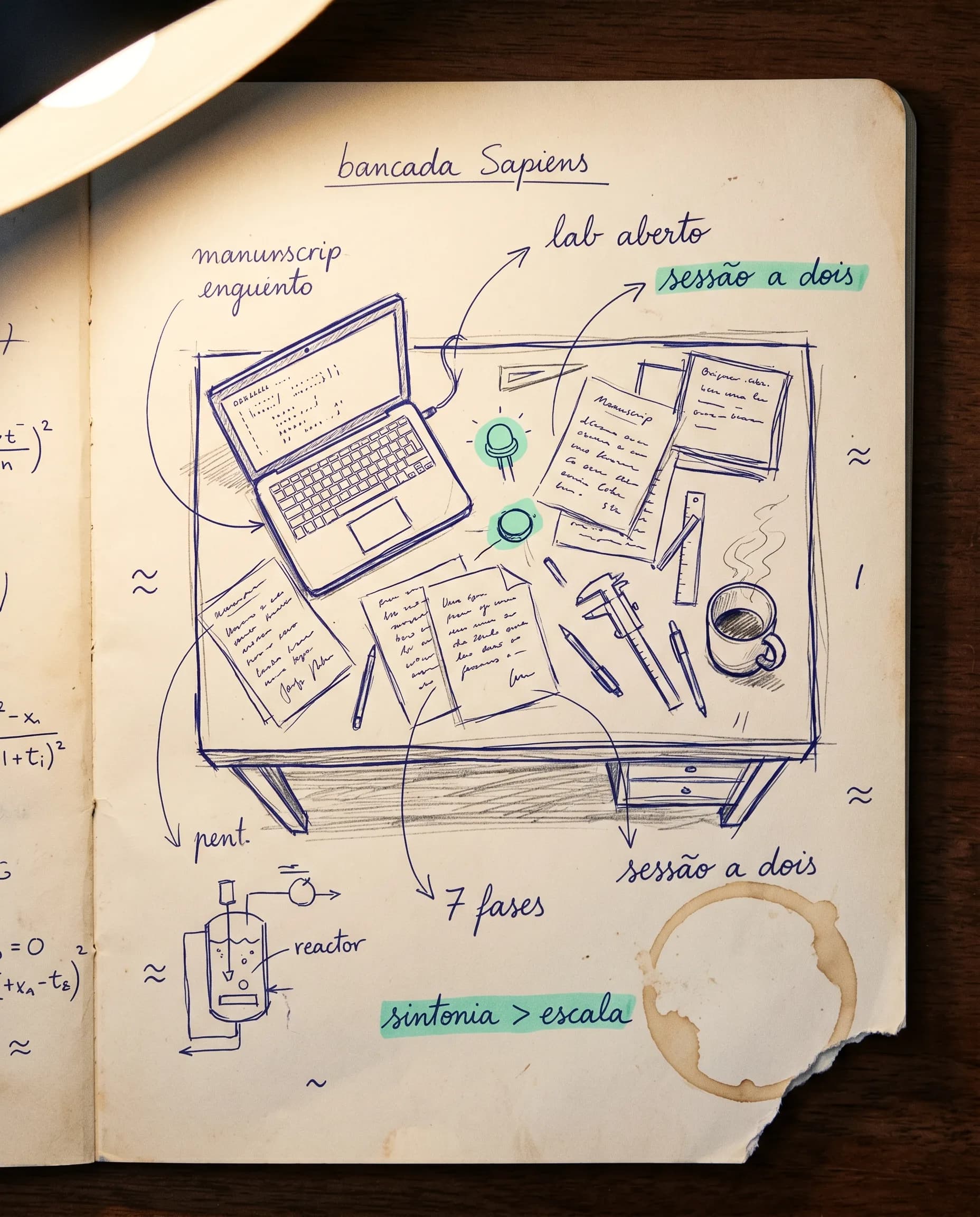 Sketch da bancada Sapiens em notebook editorial