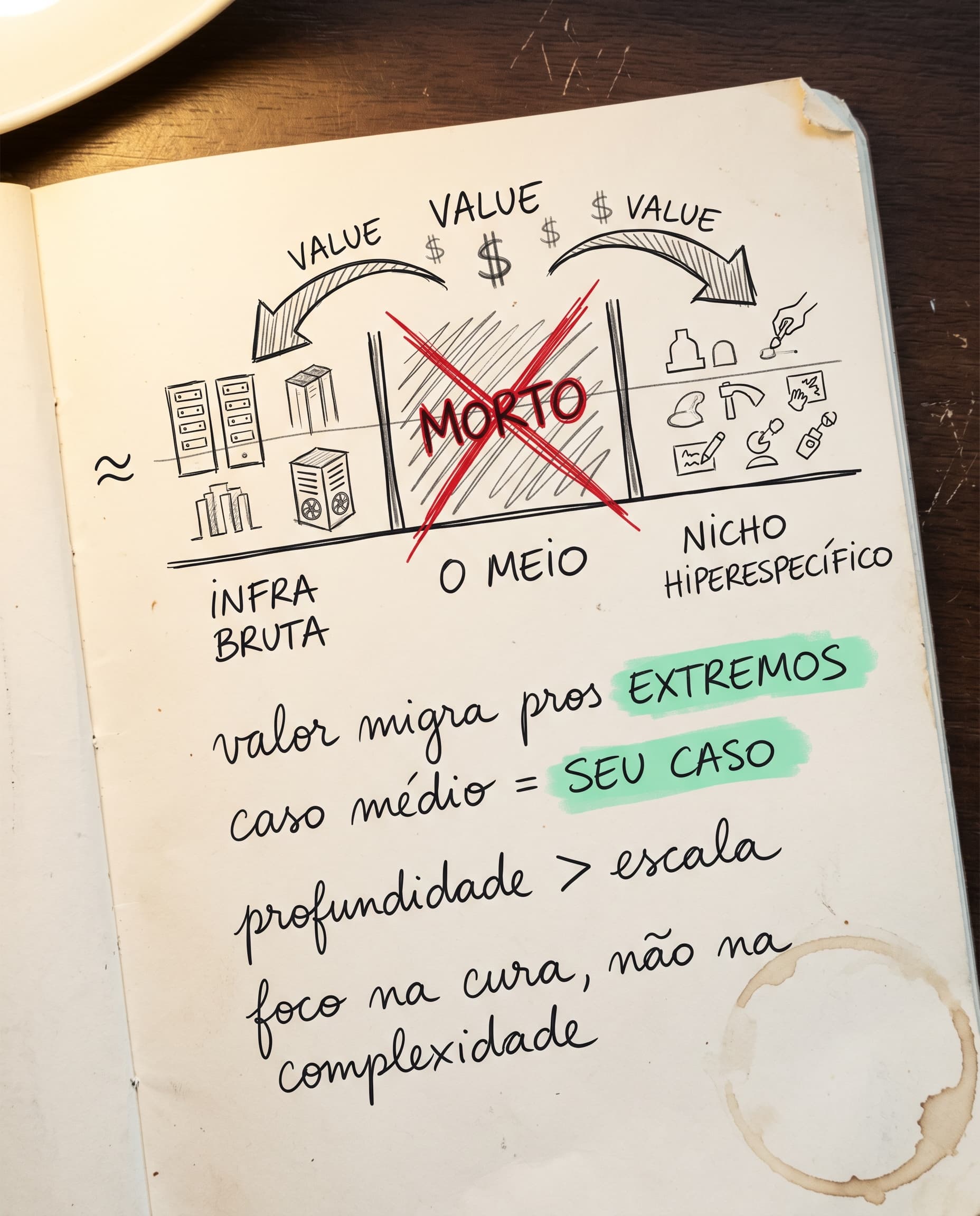 Sketch editorial do colapso do meio, valor migra pros extremos
