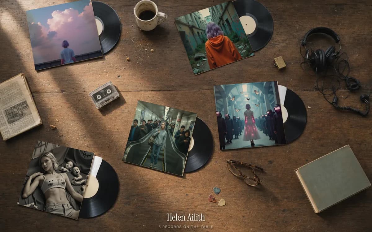 Os cinco discos da Helen Ailith numa mesa de madeira