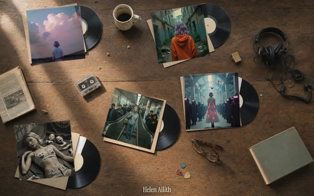 Os cinco discos da Helen Ailith numa mesa de madeira