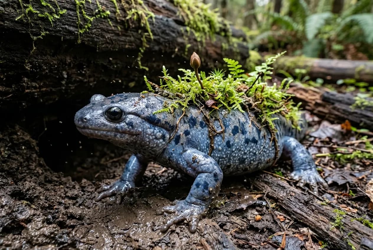 Anfíbio azul-acinzentado com musgo na espinha saindo de toca