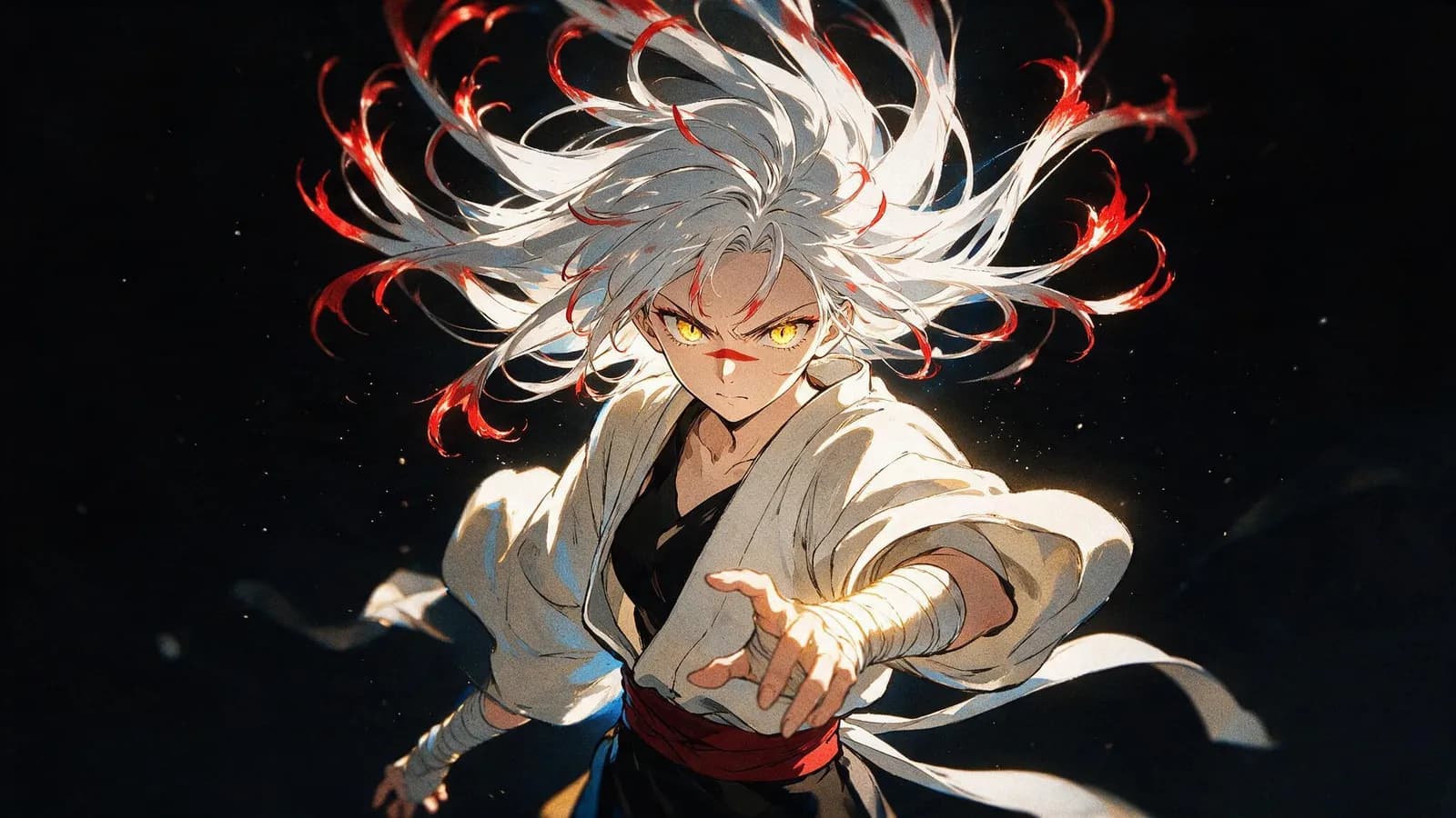 Ilustração de personagem anime com cabelos brancos e vermelhos
