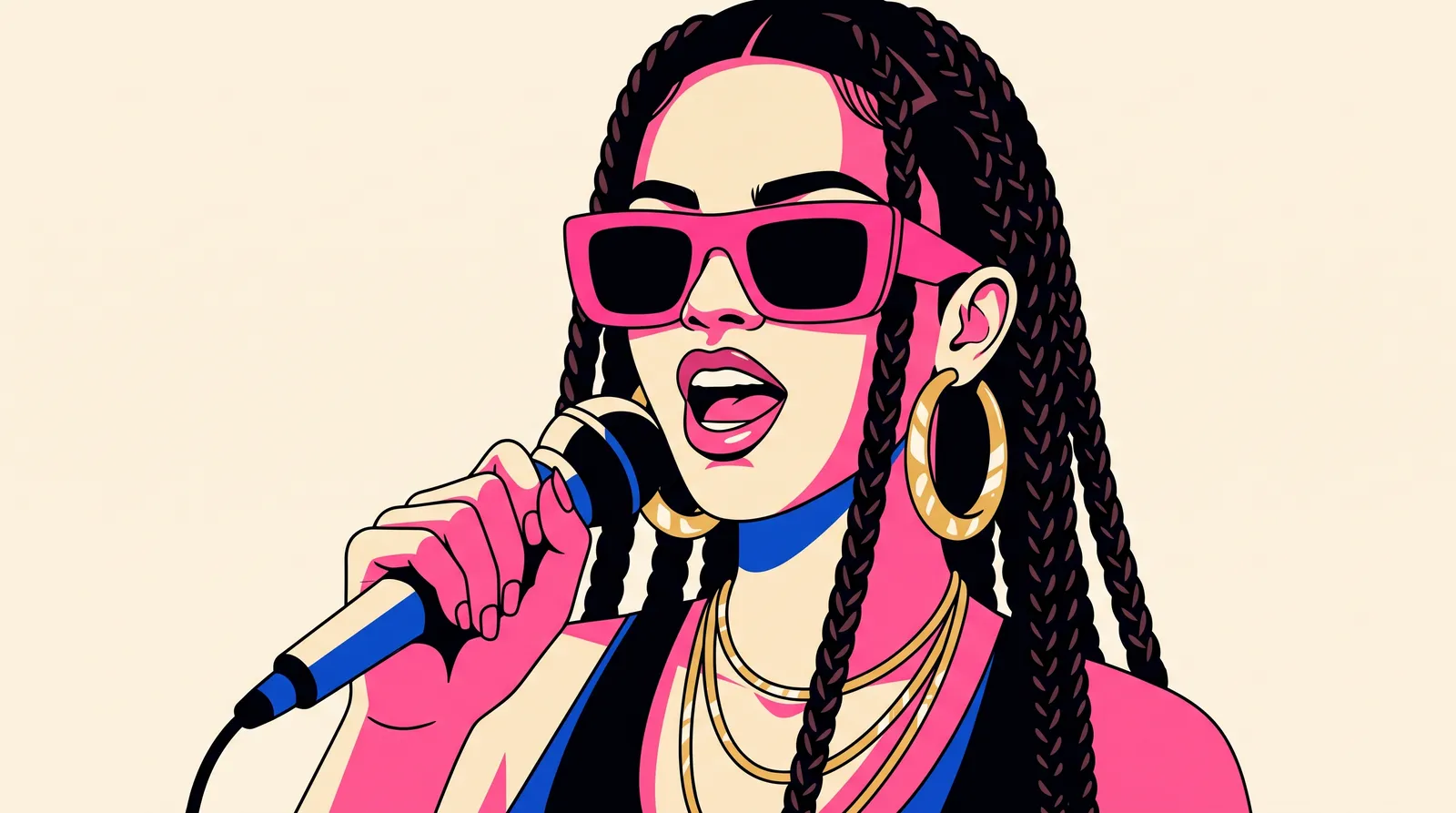 Cantora com óculos rosa e tranças em ilustração editorial