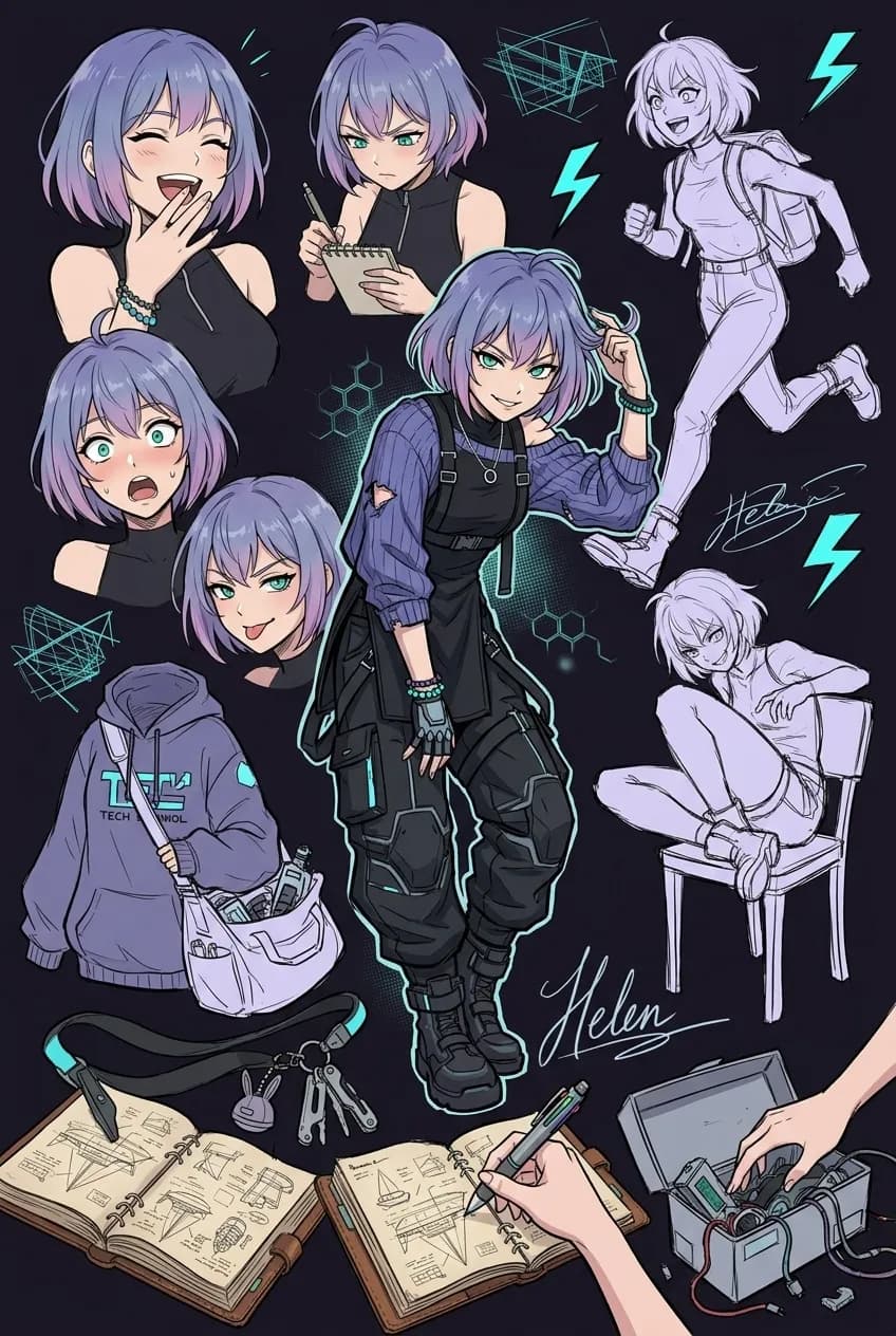 Design de personagem Helen INBT: estudos de pose e estilo