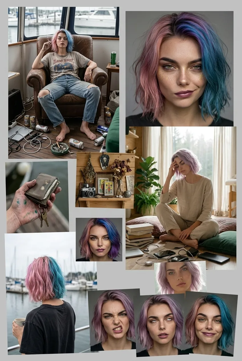 Retrato de mulher com personalidade intensa em ambiente caótico