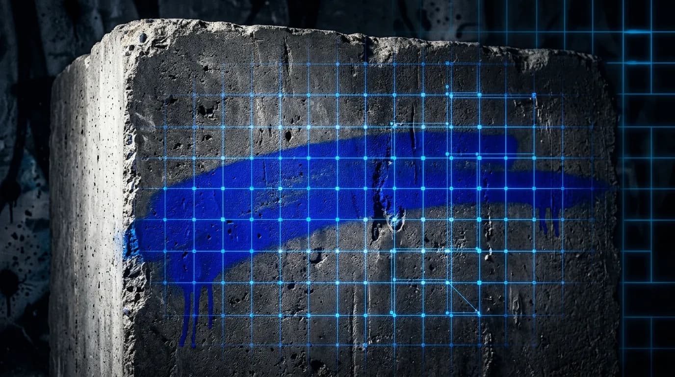 Arte abstrata brutalista em concreto com grafite azul