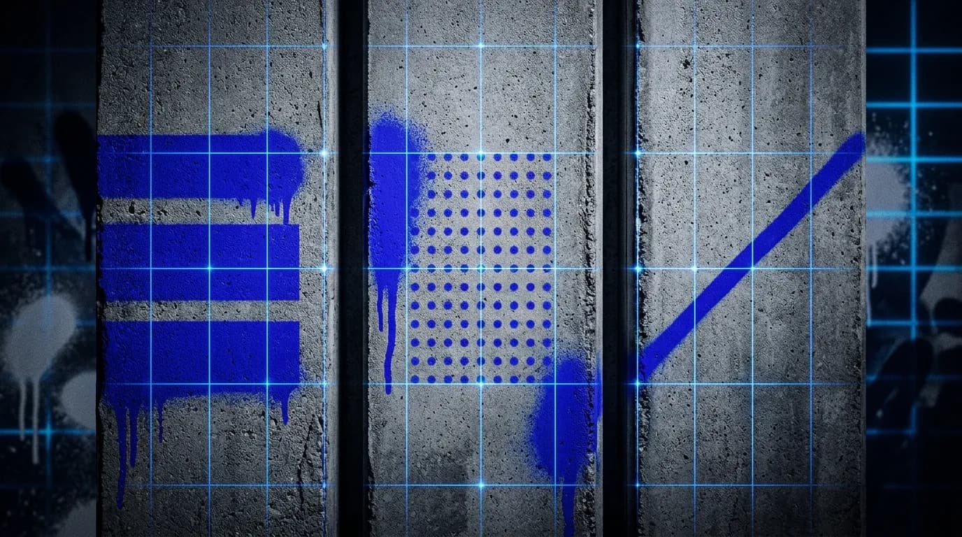 Arte industrial minimalista com símbolos em azul elétrico