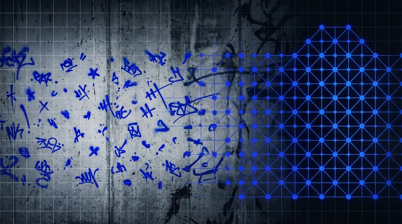 Arte com IA de caos se transformando em grade digital azul