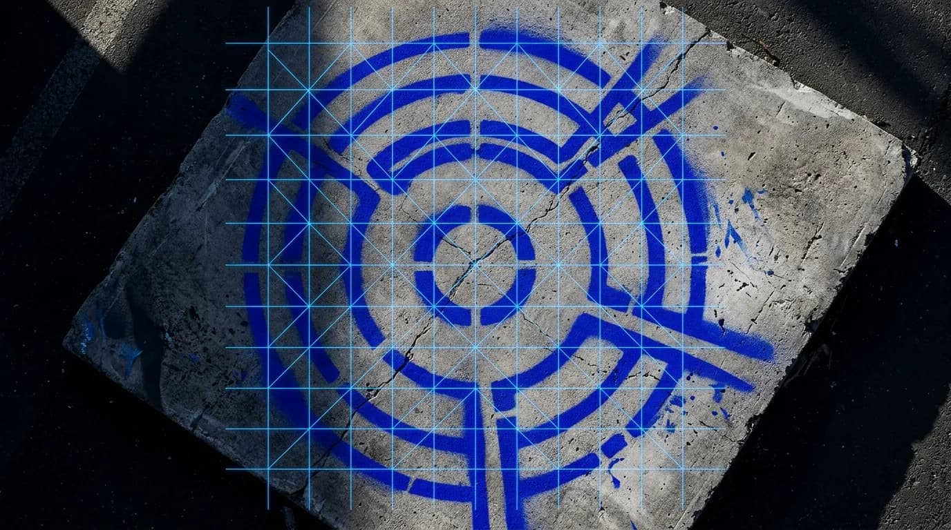Planta arquitetônica azul elétrica em piso de concreto