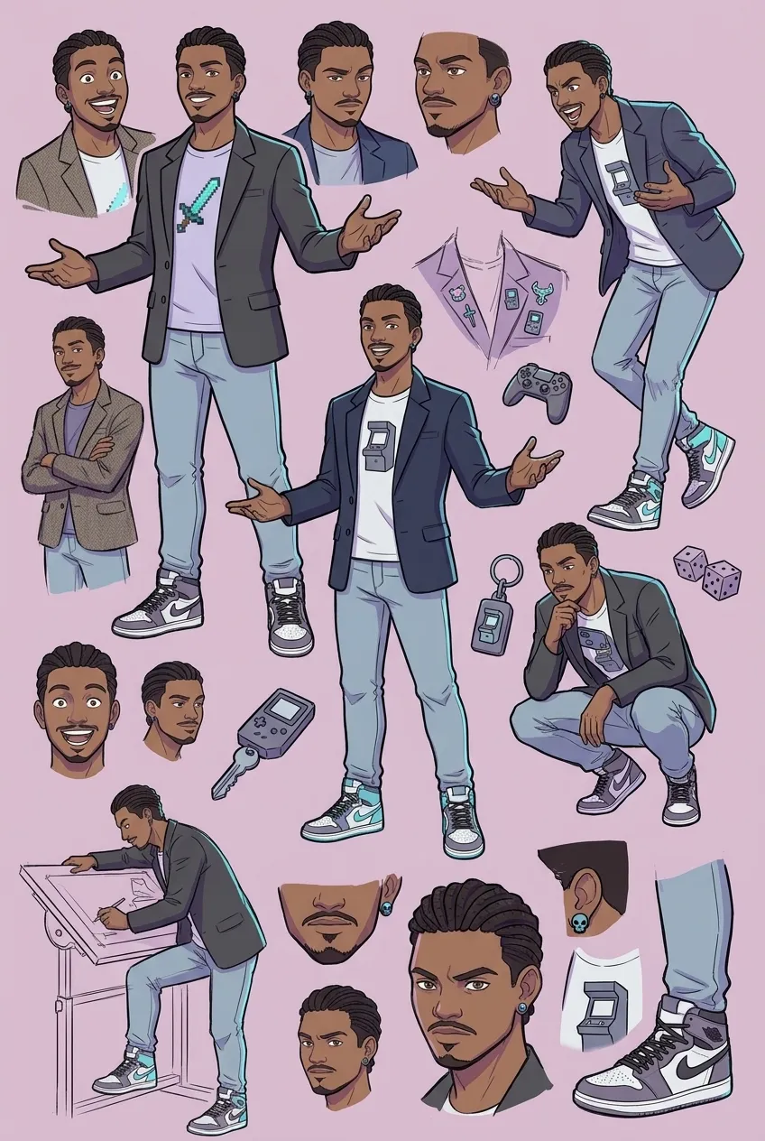 Página de estudos de personagem Milca0 em ilustração digital