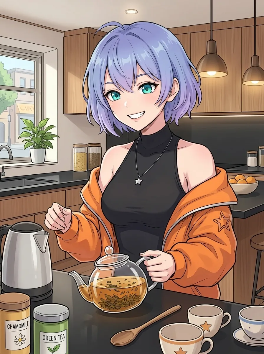 Mulher preparando chá em cozinha moderna