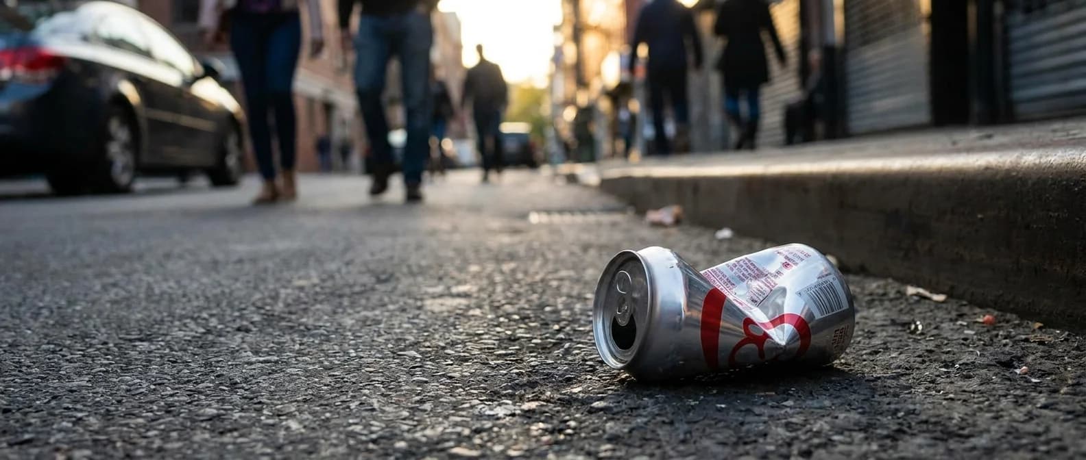 Lata amassada no asfalto em cena urbana