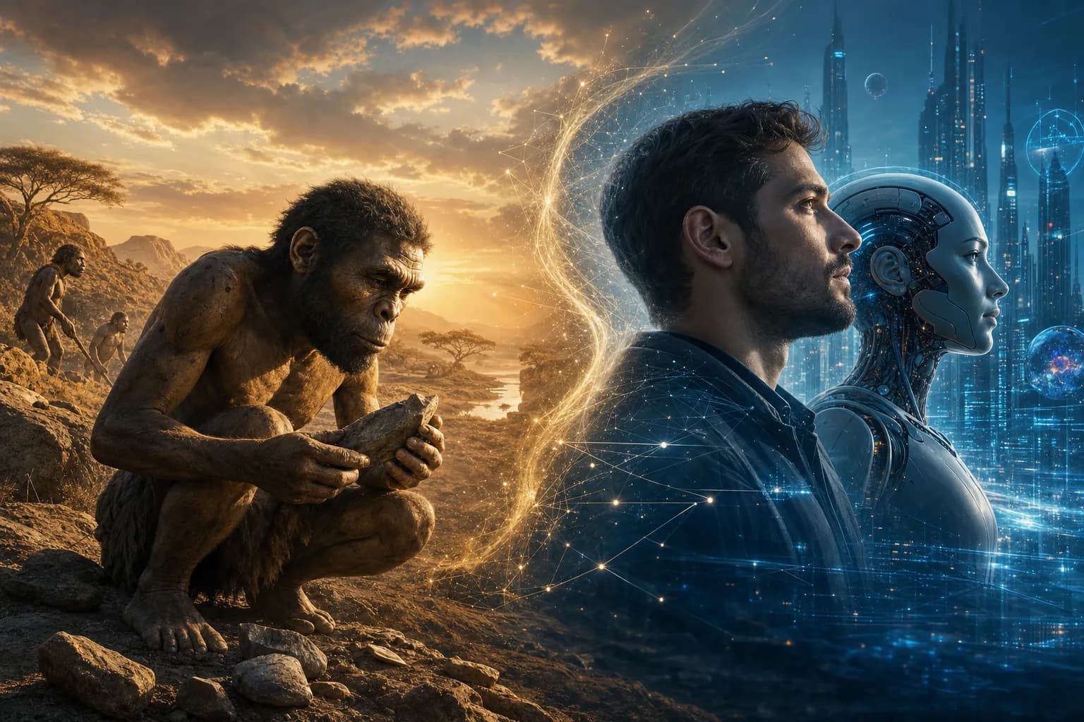 Homo habilis fabricando ferramentas de pedra e inteligência artificial