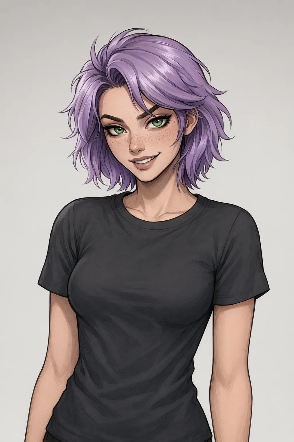 Retrato IA: Helen Ailith com cabelo lavanda e olhos verdes