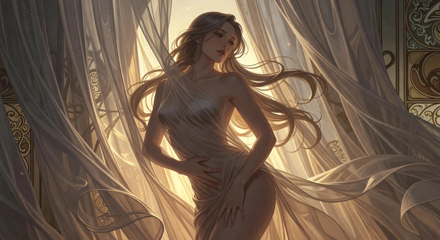 Arte IA: Mulher sensual, silhueta velada, cortinas douradas