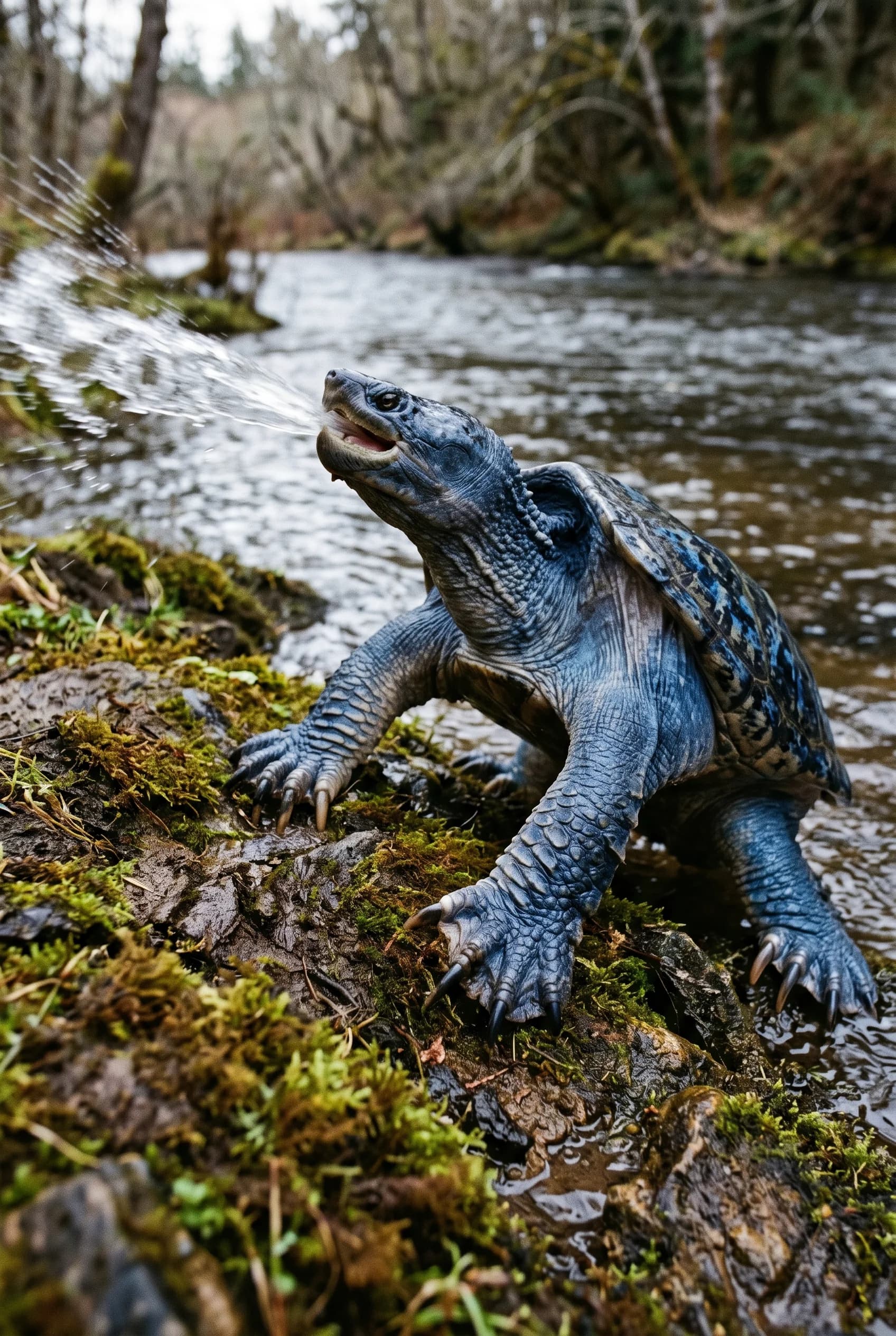 Criatura aquática azul em cena de defesa na natureza