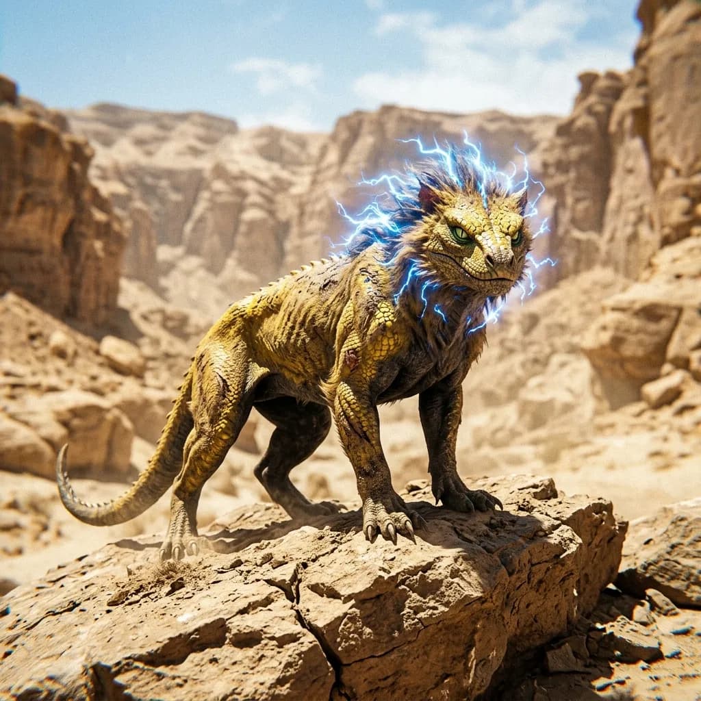 Criatura reptiliana felina de escamas douradas no deserto