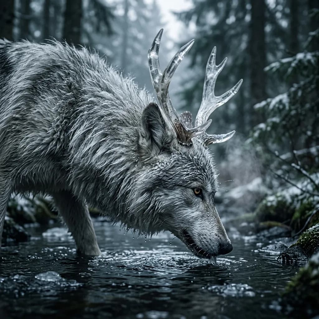 Lobo místico com chifres de quartzo bebe em riacho na floresta